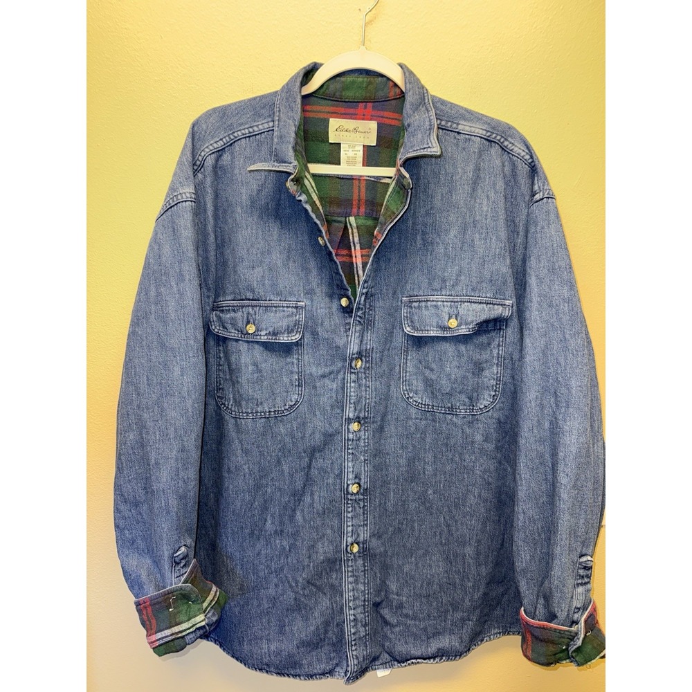 Vintage Eddie Bauer Denim Shirt Mens XL Flannel Lined Workwear Shacket USA Made